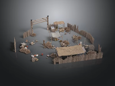 Ancient Camp Scene With Circular Wooden Fence Thatched Tents And Stone Tools 3d model