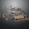 Ancient Camp Scene With Circular Wooden Fence Thatched Tents And Stone Tools
