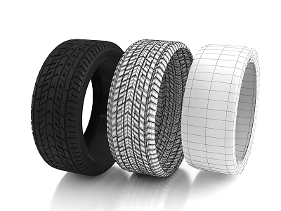 Three Different Car Tires Featuring Various Tread Patterns And Designs 3d model