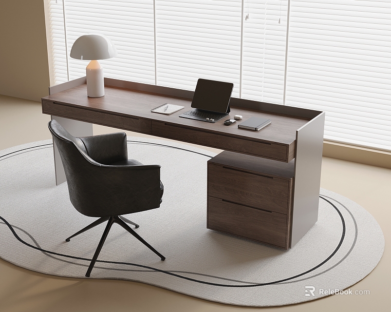 Modern Home Office Desk with Laptop Table Lamp Drawer Cabinet Window Blinds and Round Rug 3d model 