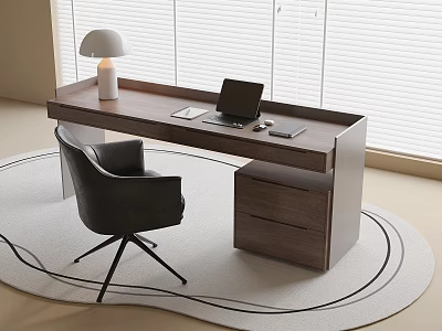 Modern Home Office Desk with Laptop Table Lamp Drawer Cabinet Window Blinds and Round Rug 3d model
