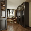 Elegant Modern Walk in Closet Interior With Mirrored Wardrobes Dressing Table And Wooden Floor