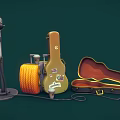 Music Instruments and Art Supplies with Microphone Guitar Case Yellow Canvas Roll and Paintbrushes