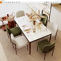 Modern Dining Table Set with Marble Top Green White Chairs and Dried Flowers Tableware