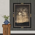 Elegant Abstract Painting Featuring Moon Grid Lines And Mountain Silhouette For Modern Interior Decor