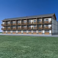 Traditional Multi Story Building Exterior With Wooden Brick Facade Balconies Garages And Green Lawn