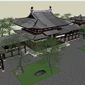 Traditional Chinese Ancient Architecture With Classic Tile Roofs Overhanging Eaves And Courtyard Surrounded By Trees