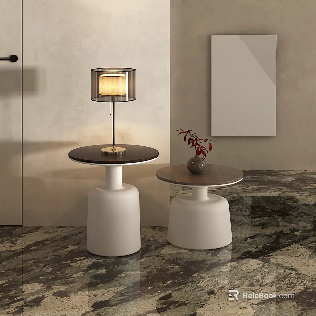 Stylish Table Lamp On White Pedestal Table With Red Plant Vase Gray Wall Marble Floor 3d model 