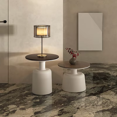 Stylish Table Lamp On White Pedestal Table With Red Plant Vase Gray Wall Marble Floor 3d model