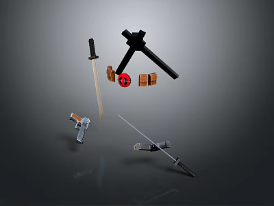 Various Types of Weapons Collection Featuring Swords Pistol and Bladed Tools 3d model
