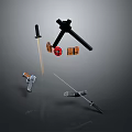 Various Types of Weapons Collection Featuring Swords Pistol and Bladed Tools