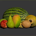 Colorful Assorted Fresh Fruits Watermelon Banana Mango Apple Pear Strawberry Arranged Together on Black Background