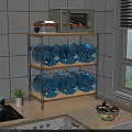 Kitchen 3 Tier Storage Shelf With Metal Frame Wooden Shelves Microwave And Blue Water Bottles