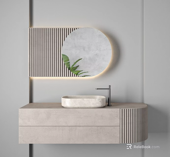 Modern Bathroom Vanity With Semicircular Mirror LED Light Green Leaf And Vertical Striped Panel 3d model 