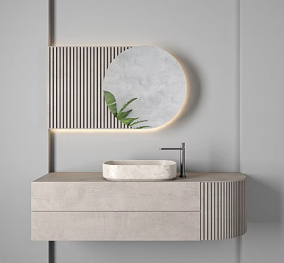 Modern Bathroom Vanity With Semicircular Mirror LED Light Green Leaf And Vertical Striped Panel 3d model