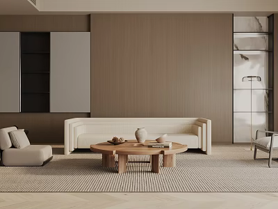 Neutral Toned Living Room Interior With Beige Sofa Coffee Table And Wooden Wall Decor 3d model