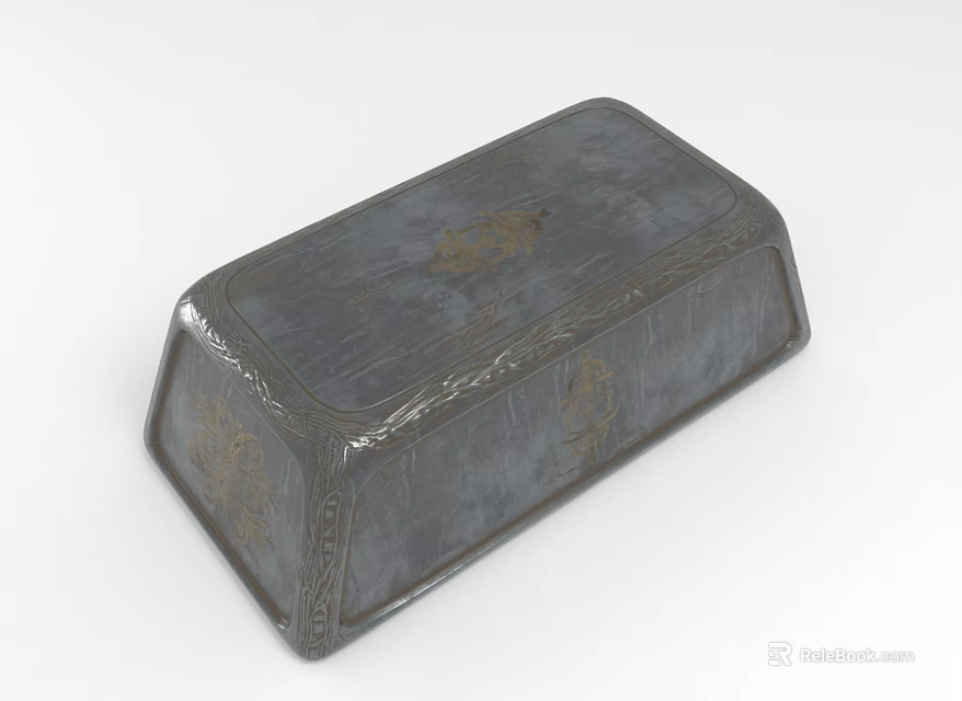 Gray Ornate Decorative Box With Golden Patterns And Carved Edges Texture Design 3d model 