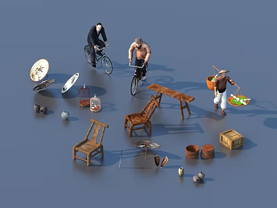 Various Household Items Including Bicycle Chairs Table Crate Earthen Jars Plates And Bottles 3d model
