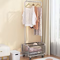 Modern Clothes Rack With Hanging Clothes And Bottom Basket In Indoor Setting