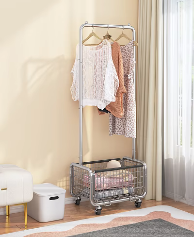 Modern Clothes Rack With Hanging Clothes And Bottom Basket In Indoor Setting 3d model