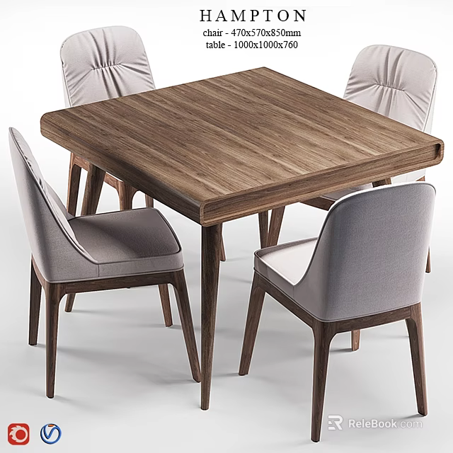 Modern Wooden Dining Table And Four Gray Upholstered Chairs Set 3d model