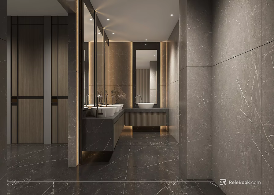 Modern Public Restroom Interior Design With Marble Walls Washbasins And Mirrors 3d model 
