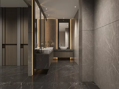 Modern Public Restroom Interior Design With Marble Walls Washbasins And Mirrors 3d model