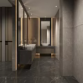 Modern Public Restroom Interior Design With Marble Walls Washbasins And Mirrors