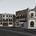 Historic Commercial Street With Traditional Style Buildings Shops Signboards and Tracks