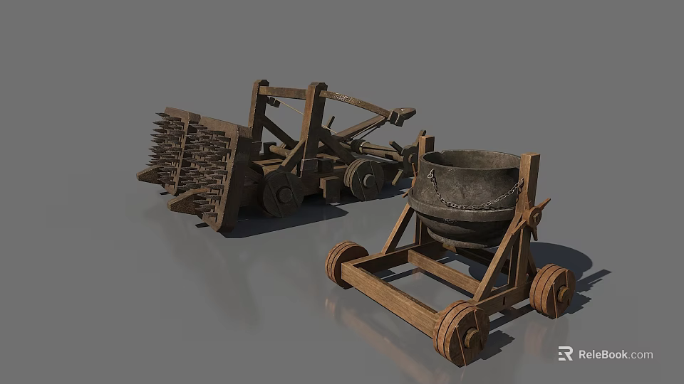 Ancient Wooden Siege Weapons With Spiked Hammer And Wheeled Catapult Design 3d model 