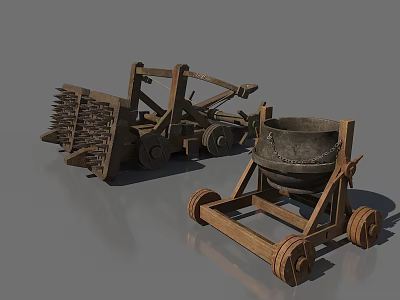 Ancient Wooden Siege Weapons With Spiked Hammer And Wheeled Catapult Design 3d model