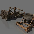 Ancient Wooden Siege Weapons With Spiked Hammer And Wheeled Catapult Design