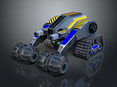 Tracked Terrain Exploration Robot With Heavy Duty Wheels And Yellow Blue Accents 3d model