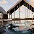 Modern Suspended Metallic Architectural Structure With Angular Roofs Over Grassland And Sky