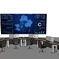 Curved Office Desk With Multiple Monitors And Large Display Showing Maps And Charts