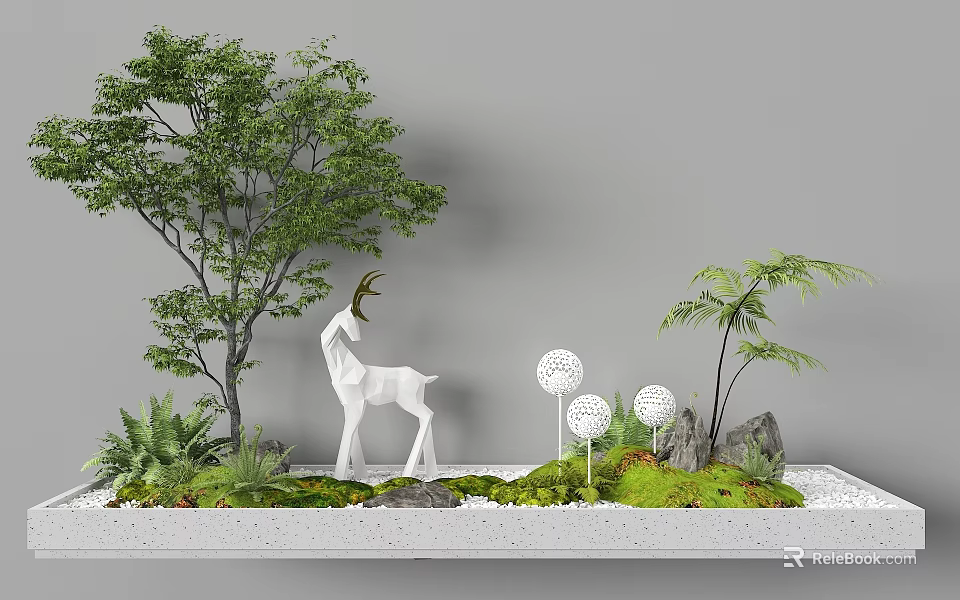 Garden Landscape With Tall Tree White Deer Sculpture Spherical Ornaments Ferns Stones Moss And Gravel 3d model 