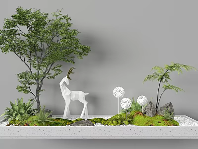 Garden Landscape With Tall Tree White Deer Sculpture Spherical Ornaments Ferns Stones Moss And Gravel 3d model