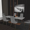 Modern Dining Table Set With White Top Gray Chairs And Pendant Light 3d model