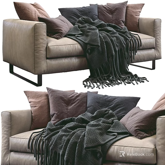 Comfortable Beige Double Sofa With Dark Knit Blanket And Plush Decorative Pillows 3d model 