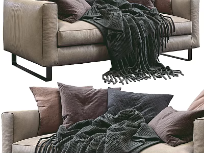 Comfortable Beige Double Sofa With Dark Knit Blanket And Plush Decorative Pillows 3d model