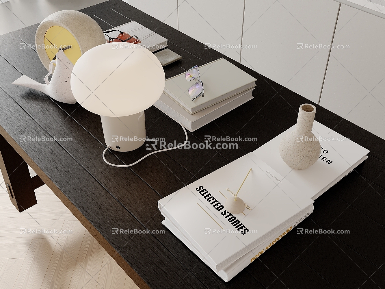 Modern table ornaments clock lamp glasses books 3d model