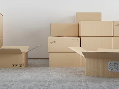 Stacked Cardboard Boxes With Open And Closed Tops In Storage Room With Gray Floor 3d model