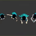 Four Teal Haired Game and Movie Characters in Different Outfits