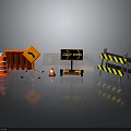 Road Construction Safety Equipment Including Red Barrel Yellow Warning Sign Traffic Cone And Striped Barriers