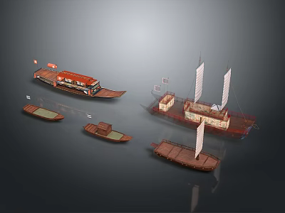 Traditional Wooden Boats in Various Sizes with Sail Designs and Decorative Details 3d model