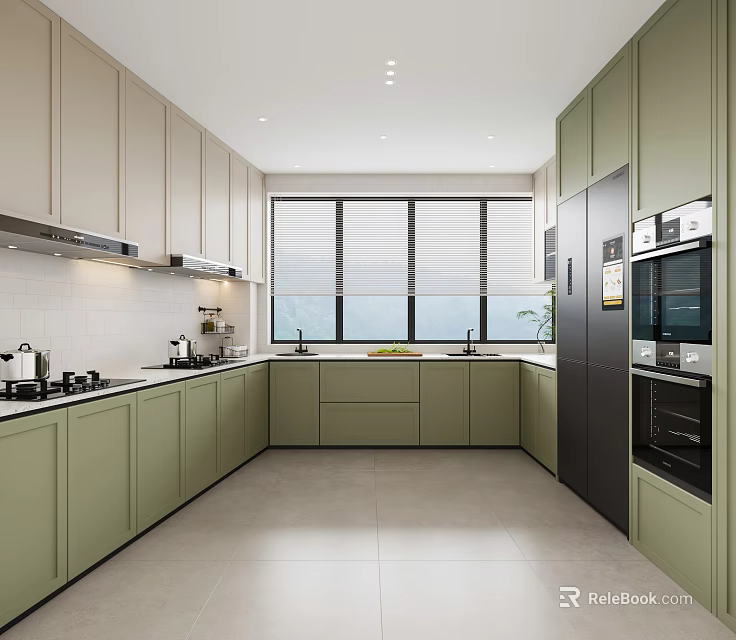 Modern Kitchen Interior Design With Light Green Cabinets Large Windows And Built In Appliances 3d model 