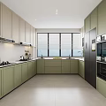 Modern Kitchen Interior Design With Light Green Cabinets Large Windows And Built In Appliances