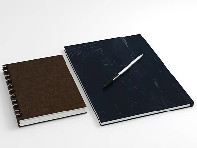 Brown Spiral Notebook and Dark Blue Textured Notebook with Pen on Desk Setup 3d model