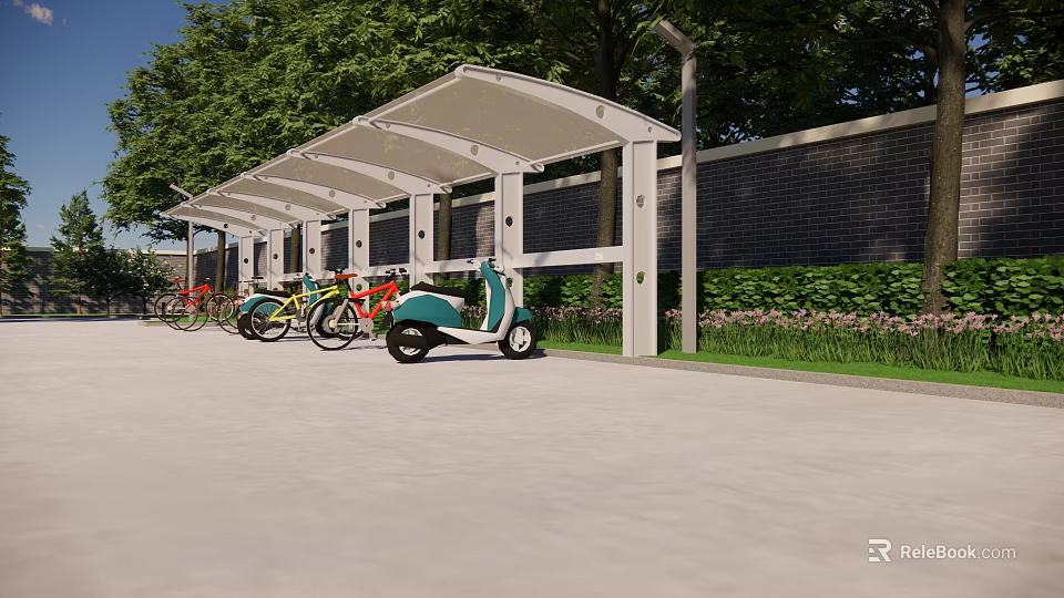 Outdoor Canopy Shelter for Bicycles and Electric Scooters with Green Plants and Brick Wall 3d model 