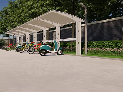 Outdoor Canopy Shelter for Bicycles and Electric Scooters with Green Plants and Brick Wall 3d model